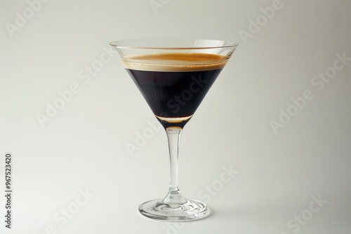 Bubbling espresso martini with latte art in clear glass.