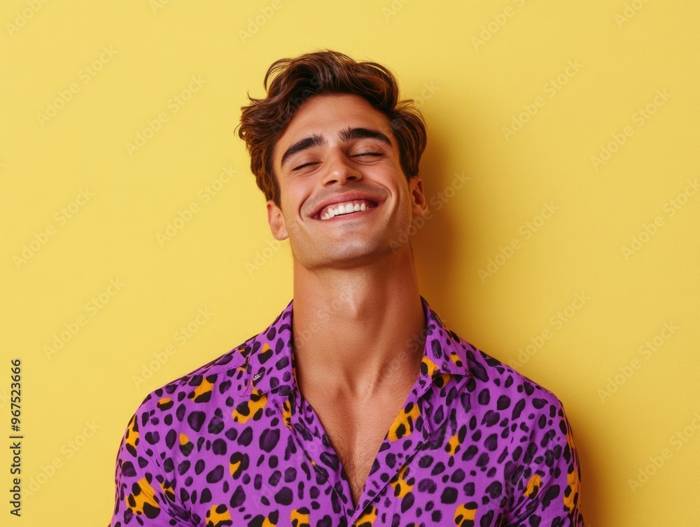 Man laughing and smiling with big surprise, wearing a bright colorful shirt against a yellow wall. Man laughing and smiling with big surprise, wearing a bright colorful shirt against a yellow wall.