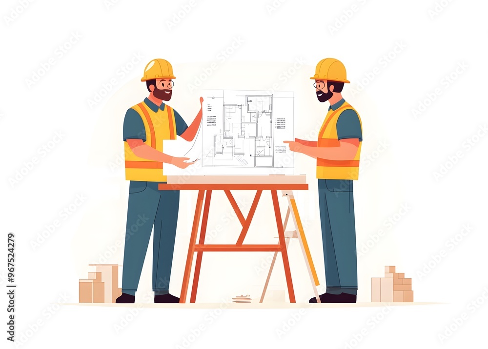 Two construction workers in yellow vests and hard hats discussing a blueprint on a table. Two construction workers in yellow vests and hard hats discussing a blueprint on a table.
