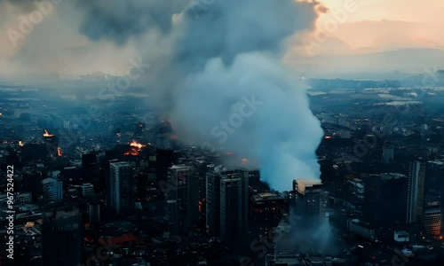Fires raging through city blocks, with intense smoke billowing into the atmosphere, creating an apocalyptic scene.