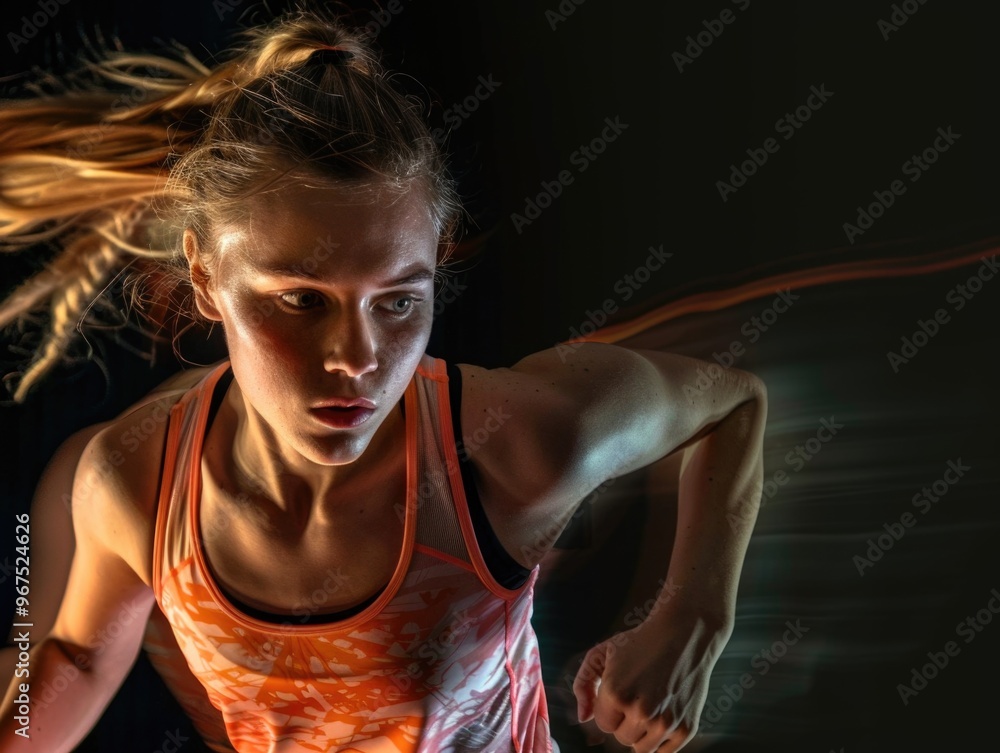Young woman wearing sportswear running with arms forward, captured in motion with blurred background. Young woman wearing sportswear running with arms forward, captured in motion with blurred background.