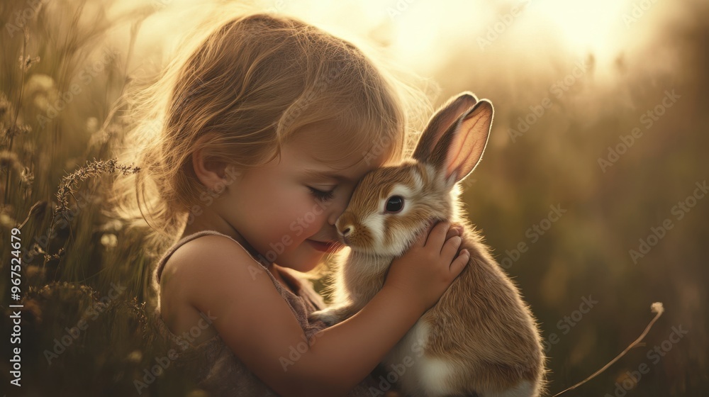 A child gently hugging a small rabbit, showing tender affection under the soft afternoon light. A child gently hugging a small rabbit, showing tender affection under the soft afternoon light.