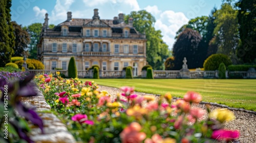 Elegant Mansion Surrounded by Lush Gardens and Colorful Flowers in Bright Sunlight