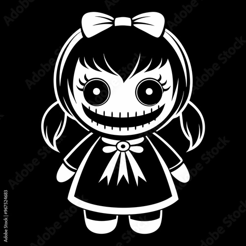 Creepy Doll Illustration with Stitched Smile and Pigtails on Black Background