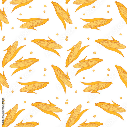 Maize Seamless pattern. Vector Vegetable background. Hand drawn doodle Corn cobs and corn grains