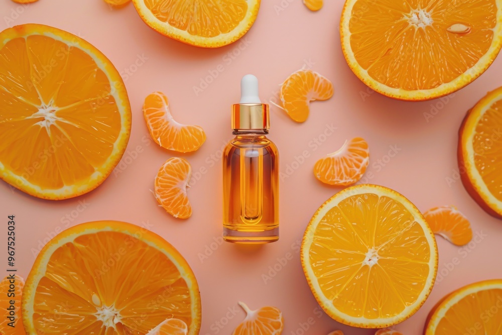 Bottle of essential oil with oranges. Natural health and wellness product. Bottle of essential oil with oranges. Natural health and wellness product.