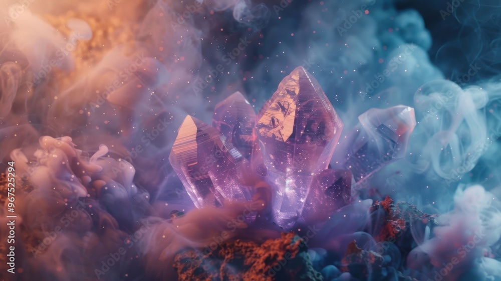 Vibrant crystal emerges amidst mystical clouds of color and light in a captivating fantasy scene, showcasing beauty and wonder. Vibrant crystal emerges amidst mystical clouds of color and light in a captivating fantasy scene, showcasing beauty and wonder.