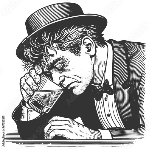 man drinking alone, conveying sadness and introspection sketch engraving generative ai fictional character vector illustration. Scratch board imitation. Black and white image.