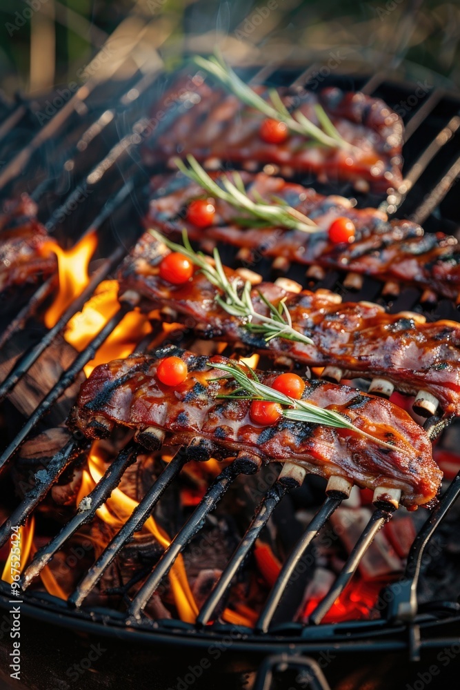 Sweet and savory ribs being prepared on a BBQ. Perfect for outdoor gatherings and warm weather meals. Sweet and savory ribs being prepared on a BBQ. Perfect for outdoor gatherings and warm weather meals.
