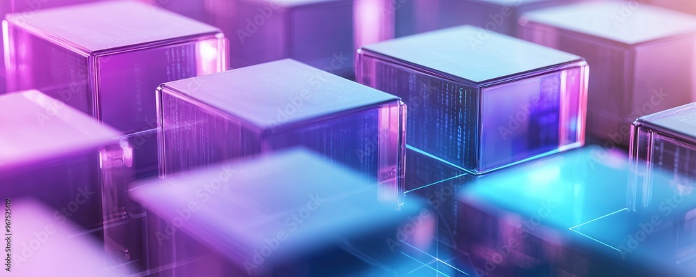 Transparent blocks of data in a digital grid, representing blockchain, cyberpunk, high contrast, neon purples and blues. Transparent blocks of data in a digital grid, representing blockchain, cyberpunk, high contrast, neon purples and blues.