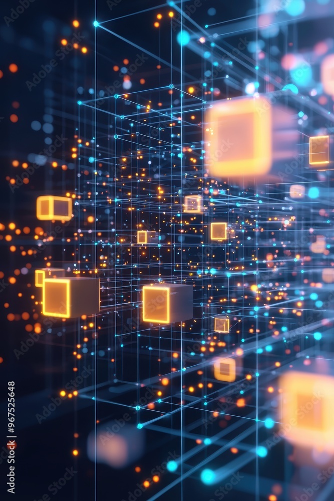 A holographic display showing a blockchain network, with glowing digital cubes and data points, futuristic, neon colors, 3D illustration. A holographic display showing a blockchain network, with glowing digital cubes and data points, futuristic, neon colors, 3D illustration.