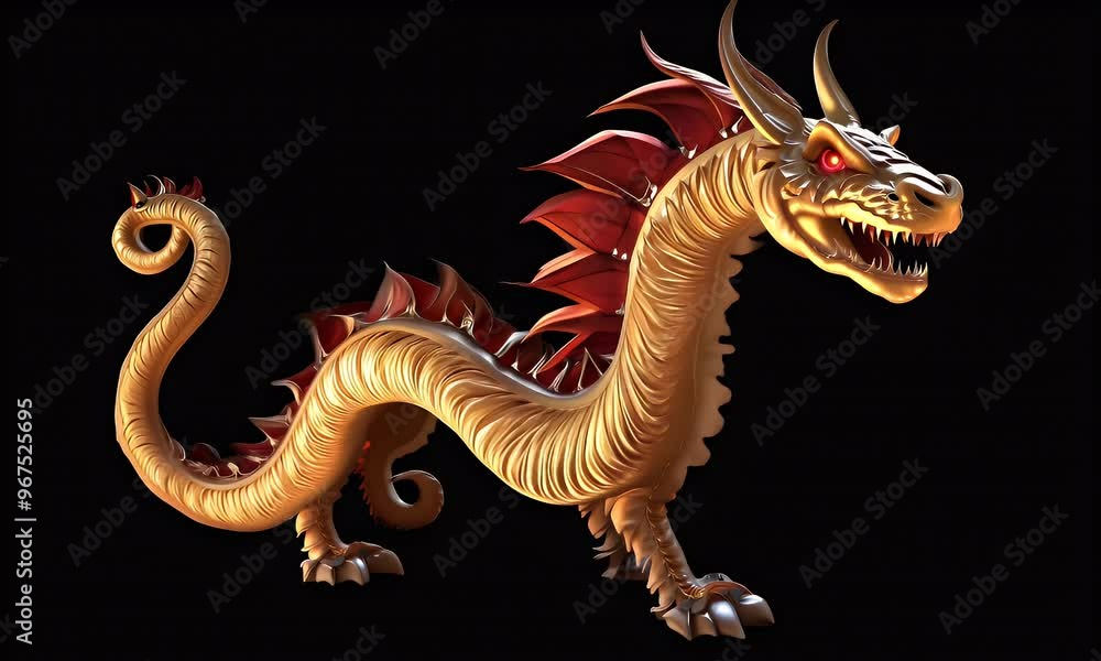 Chinese dragon flying on a black background, accented by swirling red ribbons and festive gold sparkles. Chinese dragon flying on a black background, accented by swirling red ribbons and festive gold sparkles.