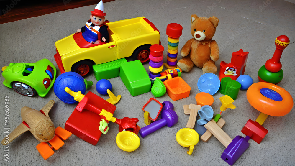 Obraz premium Variety of toys, colorful toys, stack of toys, ai generated