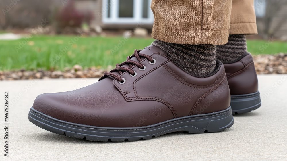 A man displays his foot in a polished maroon dress shoe, wearing brown pants and socks, relaxing outdoors surrounded by colorful garden flowers A man displays his foot in a polished maroon dress shoe, wearing brown pants and socks, relaxing outdoors surrounded by colorful garden flowers