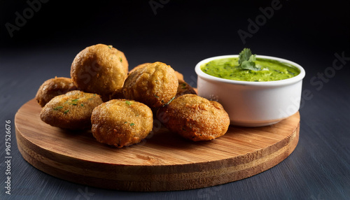 Delicious crispy Vada with green chatni on wooden board 