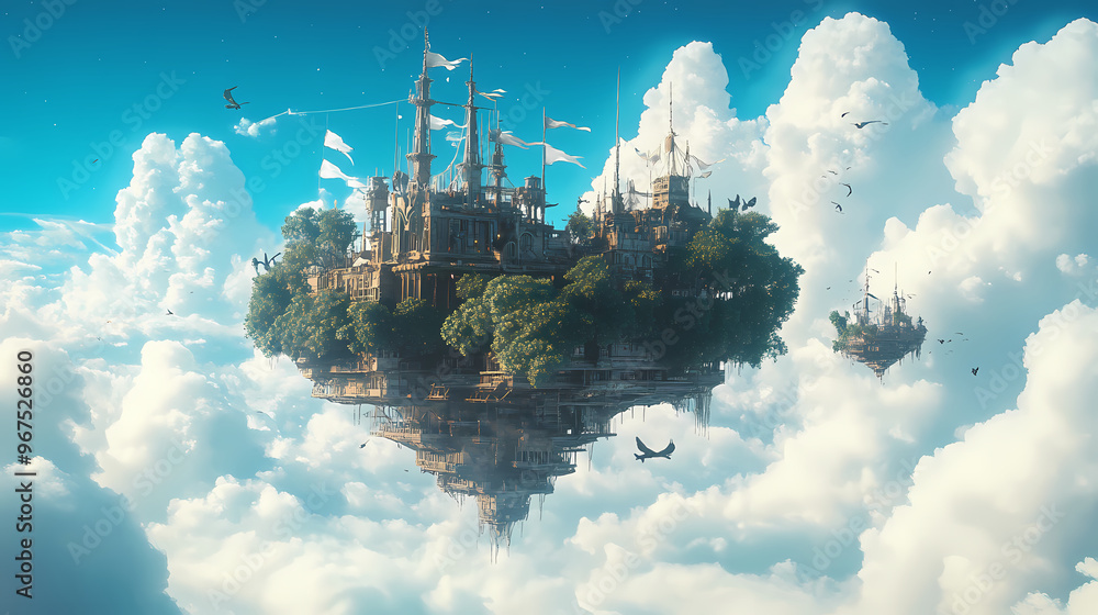 Fototapeta premium A fantasy-inspired floating island with a modern twist, overlooking a scenic blue sky and clouds background - generative ai. Floating Ship. Illustration