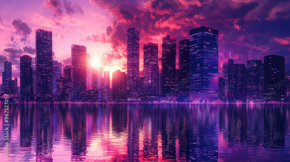 Fototapeta premium A city skyline at dusk, with the setting sun reflecting off the glass buildings and painting