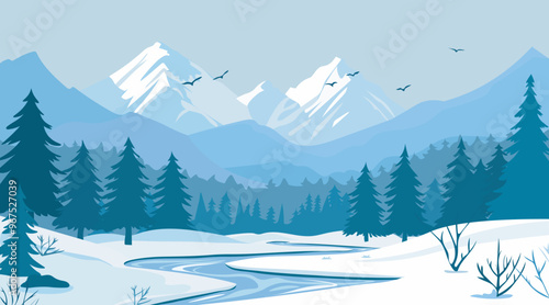 Vector illustrations of nature, winter natural landscape, mountains, trees, river, fields for background or banner. Cold color, cute cartoon style