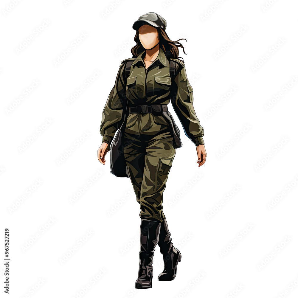An illustration of a faceless female soldier wearing a hat walking An illustration of a faceless female soldier wearing a hat walking