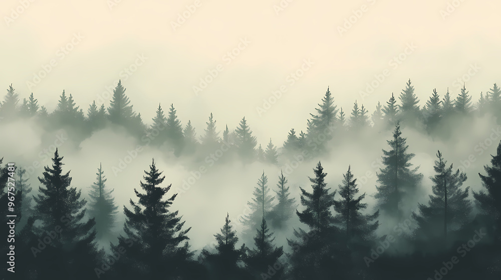 A forest with trees in the background and a misty sky. Foggy Morning. Illustration A forest with trees in the background and a misty sky. Foggy Morning. Illustration