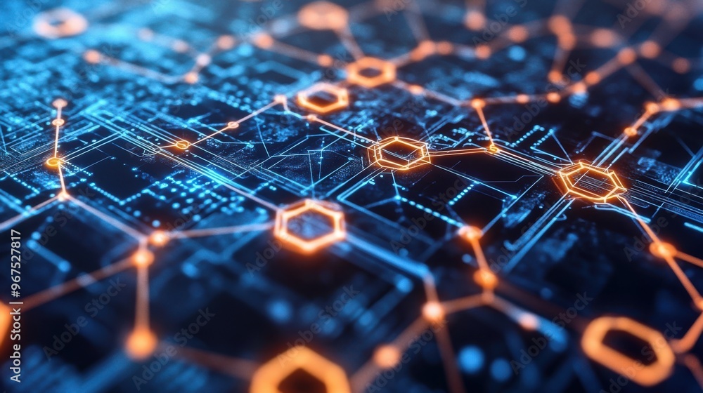 Obraz premium A close-up of a blockchain network connecting various cryptocurrencies,