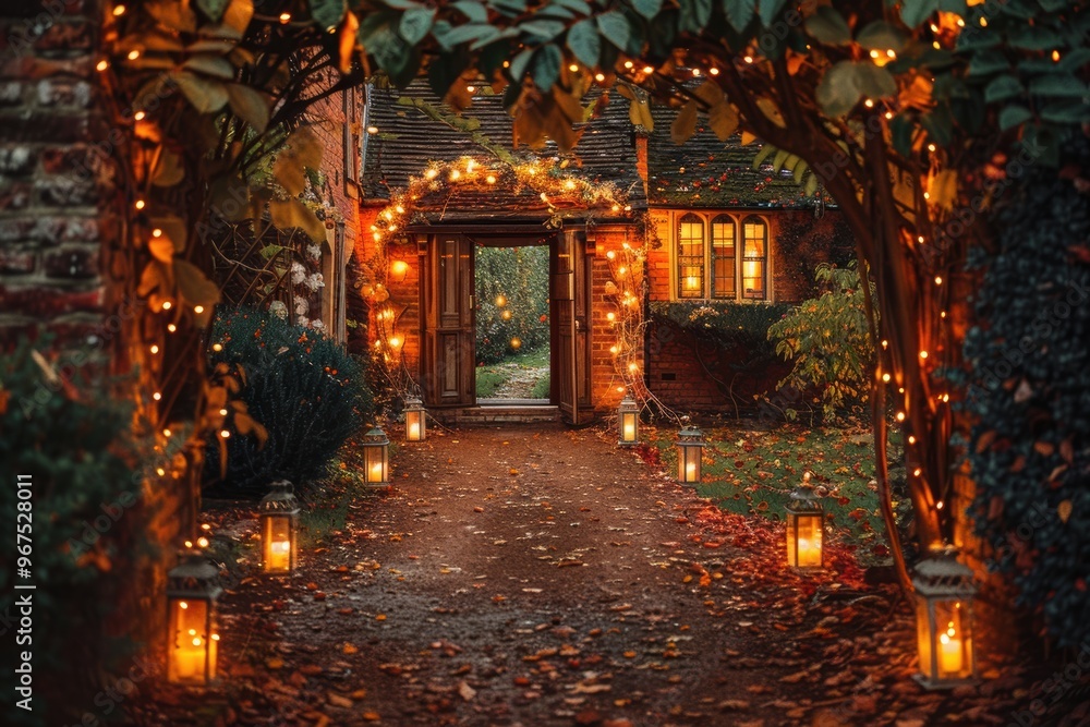 Festive autumn decorations on English houses with glowing lanterns and pumpkins... Festive autumn decorations on English houses with glowing lanterns and pumpkins...