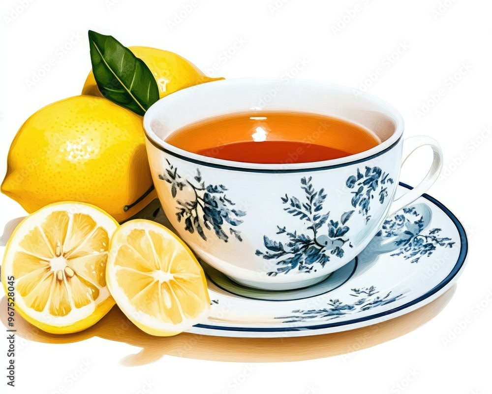 A refreshing cup of tea with lemon slices and fresh lemons, perfect for a cozy afternoon. Elegant blue and white cup. A refreshing cup of tea with lemon slices and fresh lemons, perfect for a cozy afternoon. Elegant blue and white cup.