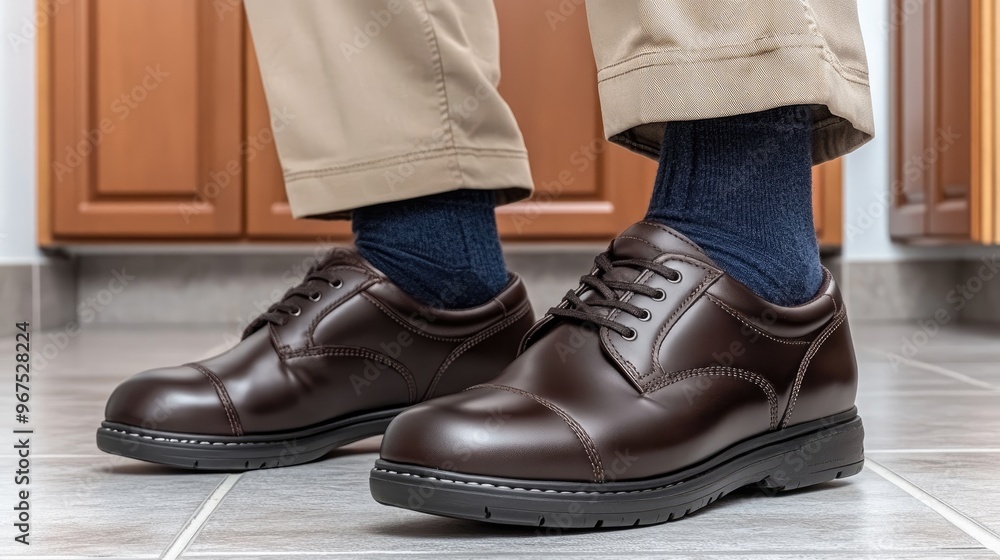 A man displays his foot in a polished maroon dress shoe, wearing brown pants and socks, relaxing outdoors surrounded by colorful garden flowers A man displays his foot in a polished maroon dress shoe, wearing brown pants and socks, relaxing outdoors surrounded by colorful garden flowers