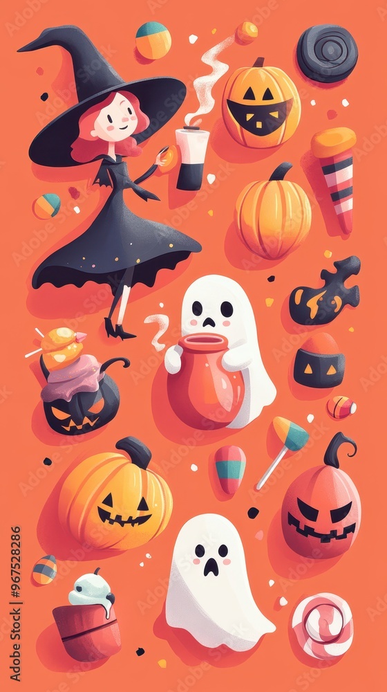 This adorable Halloween vector set showcases a witch, cheerful pumpkins, and playful ghosts perfect for festive designs and decorations This adorable Halloween vector set showcases a witch, cheerful pumpkins, and playful ghosts perfect for festive designs and decorations