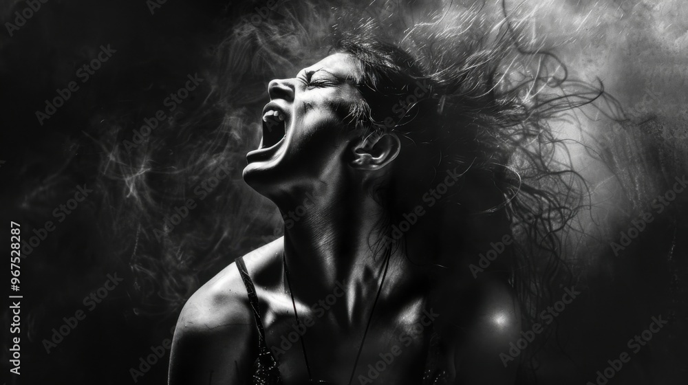 A woman captured screaming in black and white. Suitable for dramatic concepts A woman captured screaming in black and white. Suitable for dramatic concepts