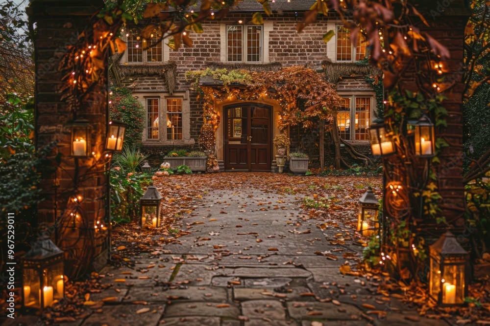 Festive autumn decorations on English houses with glowing lanterns and pumpkins... Festive autumn decorations on English houses with glowing lanterns and pumpkins...