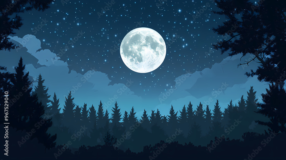 Naklejka premium A full moon seen through the trees in the night sky with stars in the sky and in the foreground is a dark blue sky with white clouds and stars. Full Moon Night. Illustration