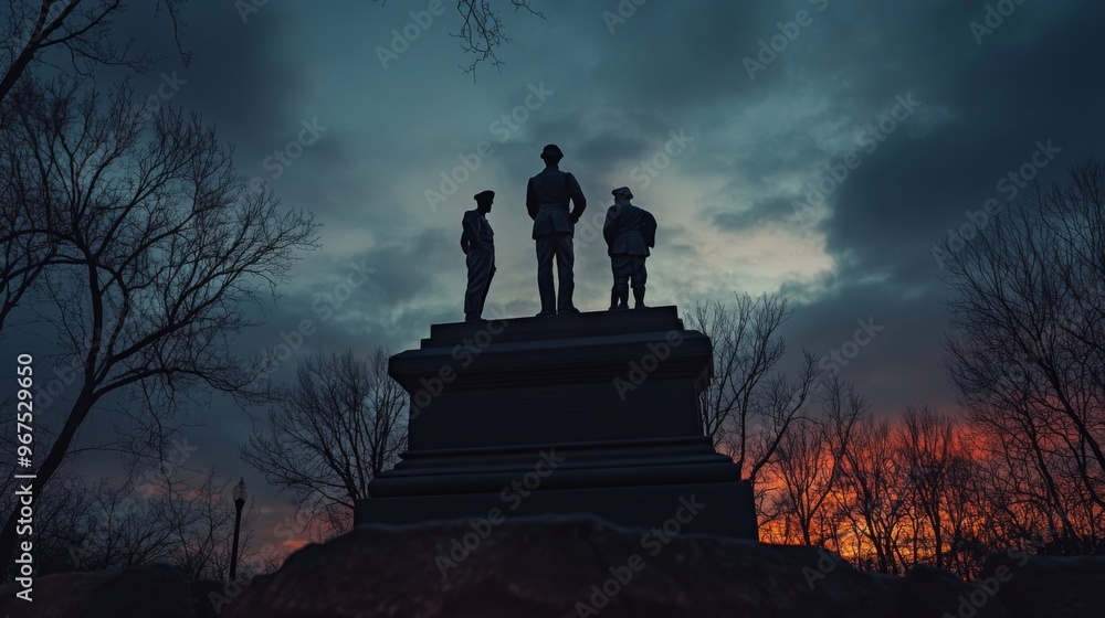 Fototapeta premium Silhouettes of Three Statues Against a Dramatic Twilight Sky