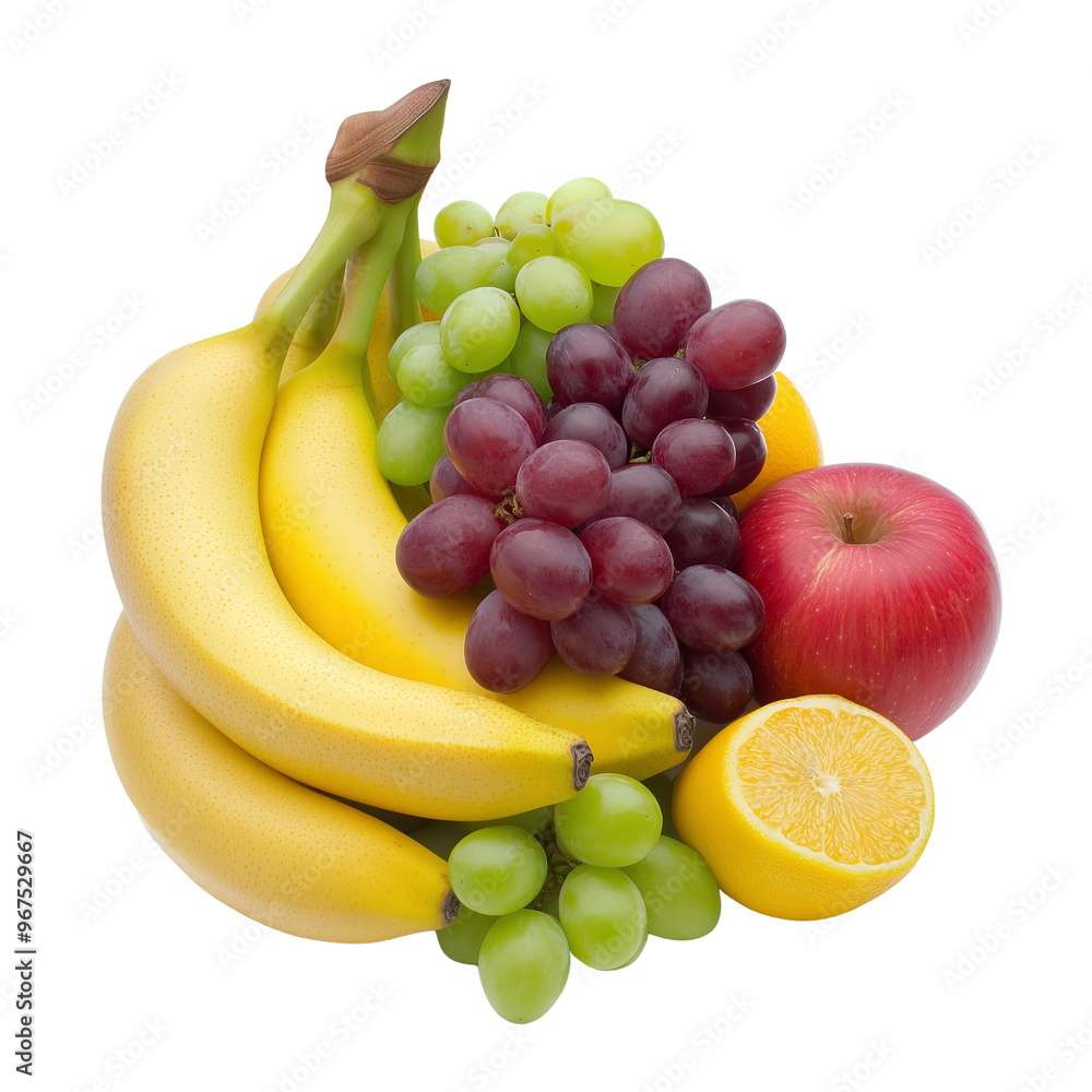A fresh assortment of bananas, green and red grapes, an apple, and a half lemon, isolated on white background A fresh assortment of bananas, green and red grapes, an apple, and a half lemon, isolated on white background