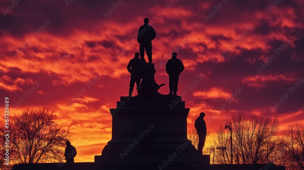 Silhouette of a Monument Against a Vibrant Red Sky at Sunset Silhouette of a Monument Against a Vibrant Red Sky at Sunset