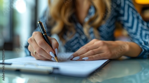 Close-up of a woman signing a document with a pen at a desk, highlighting her blue-patterned blouse and manicured nails. photo