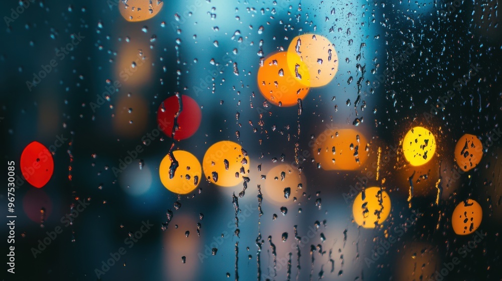 A close-up of raindrops hitting a window, with blurred city lights in the background, creating A close-up of raindrops hitting a window, with blurred city lights in the background, creating