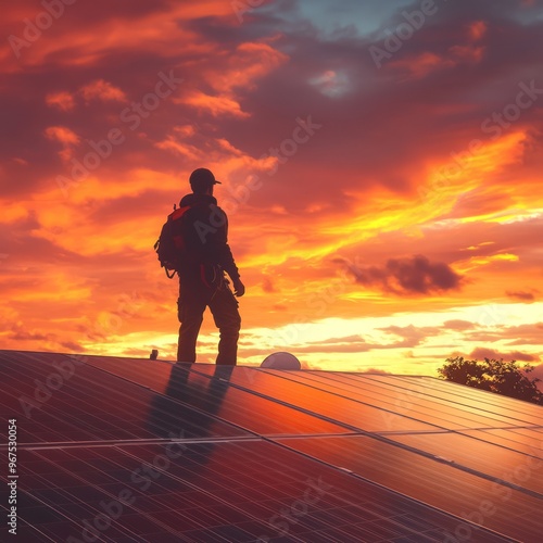 Silhouette of a man standing on a solar panel roof at sunset.