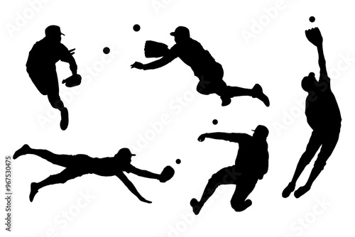 set of baseball player catching ball silhouettes