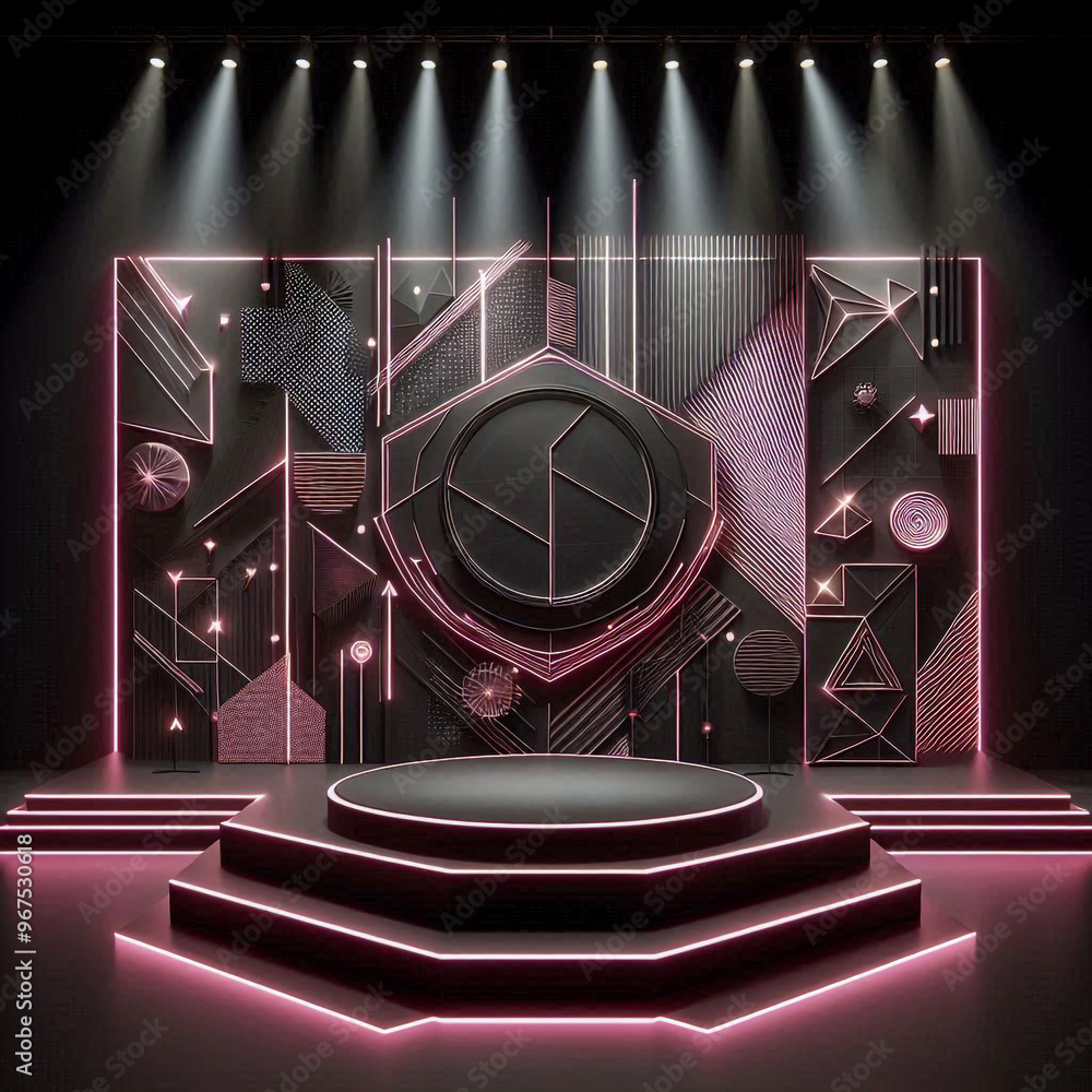 Fototapeta premium Red Light Round Podium on Black Background for Mockups