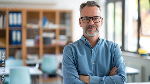 Portrait of a Substitute Teacher in a Blurred Classroom Background, Portrait Shot, Substitute Teacher, Classroom Background