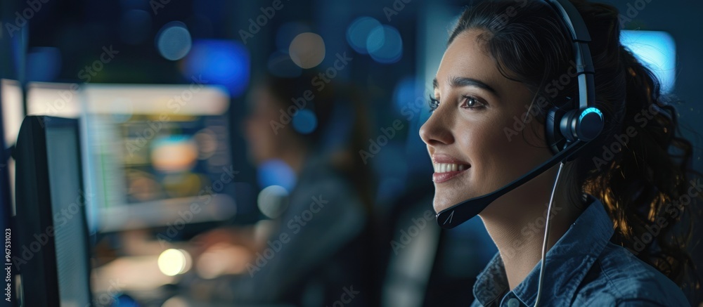 Smiling Customer Service Representative Wearing Headset Smiling Customer Service Representative Wearing Headset