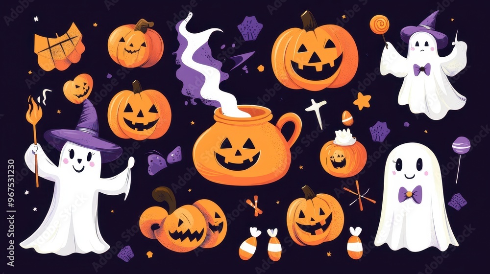 This charming Halloween vector set showcases playful pumpkins, friendly ghosts, and a whimsical cauldron, perfect for seasonal celebrations This charming Halloween vector set showcases playful pumpkins, friendly ghosts, and a whimsical cauldron, perfect for seasonal celebrations