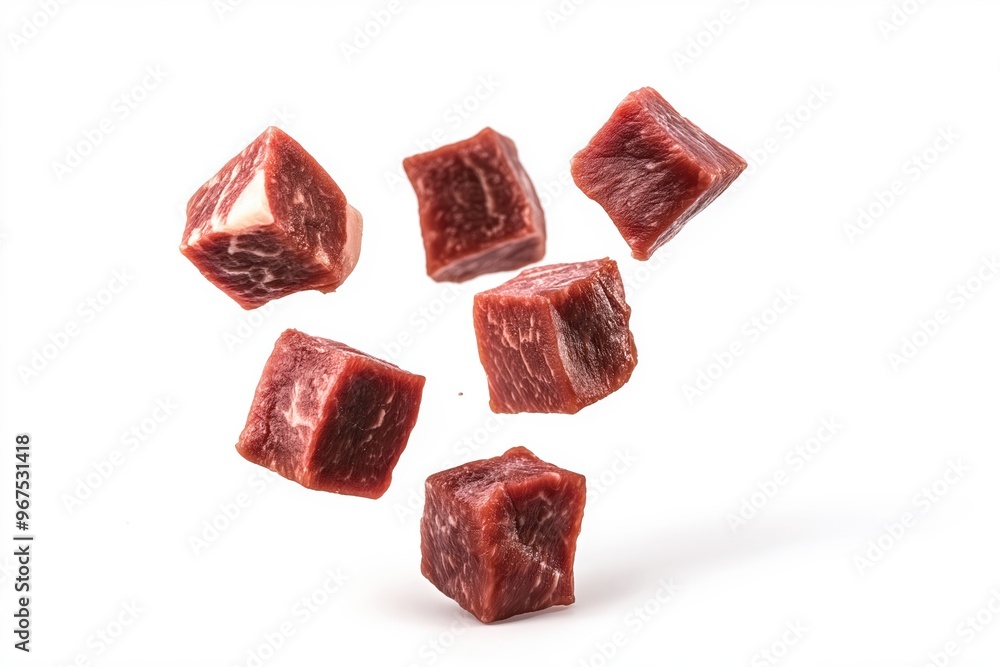 Fresh beef cubes falling on white background Fresh beef cubes falling on white background