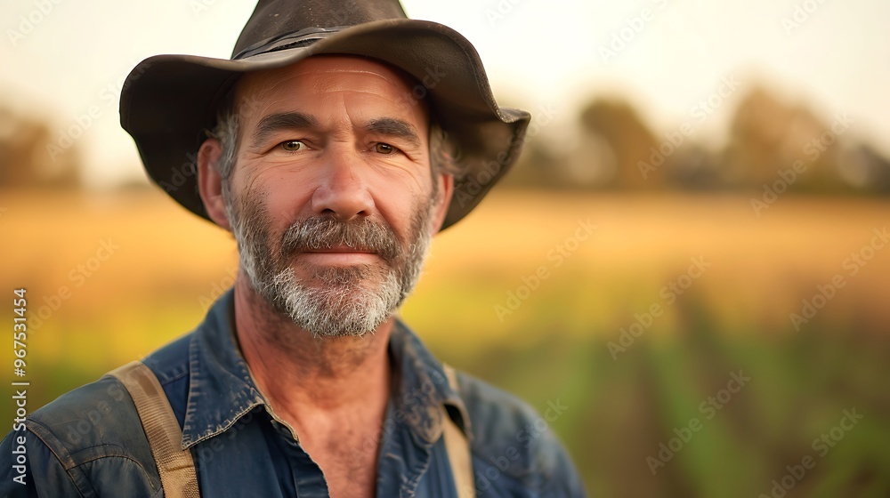 Portrait of a Farmer in a Blurred Field Background, Portrait Shot, Farmer, Field Portrait of a Farmer in a Blurred Field Background, Portrait Shot, Farmer, Field