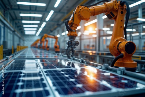 Automated Solar Manufacturing. The image depicts robotic arms assembling solar panels in a modern factory, highlighting automation in renewable energy production.