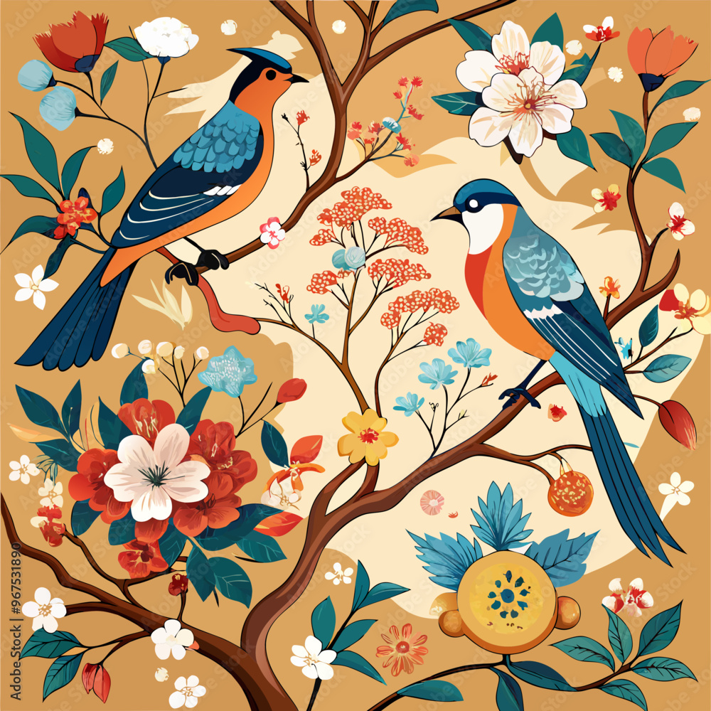 Vibrant illustration of colorful birds and blooming flowers against a warm backdrop