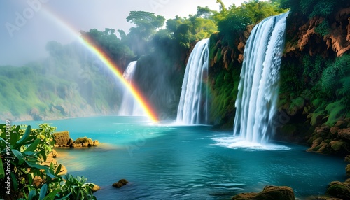 Majestic waterfall flowing into a tranquil turquoise pool, vibrant rainbow glowing through mist, embraced by lush green nature.