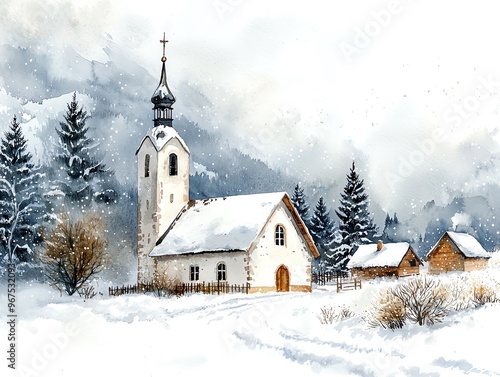 Snowdusted church, storm approaching, village under snow, Watercolor style