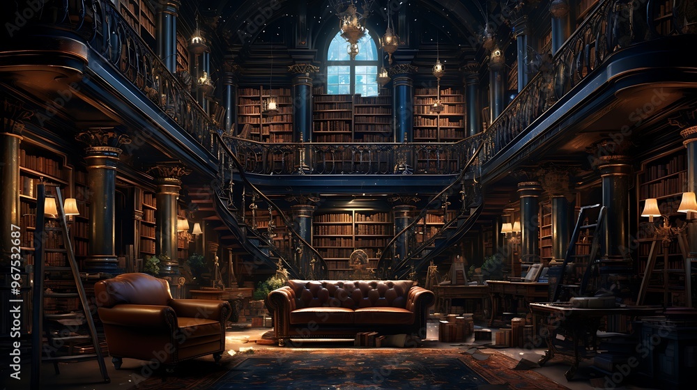 An opulent library with grand bookshelves and an elegant atmosphere.
An opulent library with grand bookshelves and an elegant atmosphere.